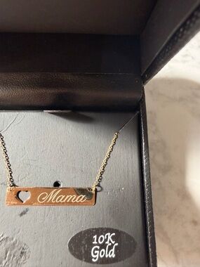 10K Gold "Mama" Script Bar Necklace with Heart Accent